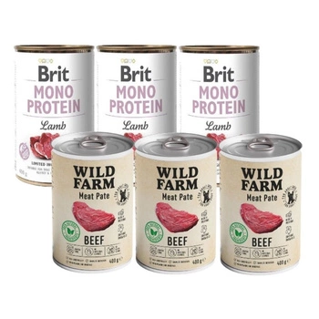 Brit mono protein lamb 3x400g & WILD FARM Hovädzia paštéta 3x400g bezlepkové krmivo pre psov
