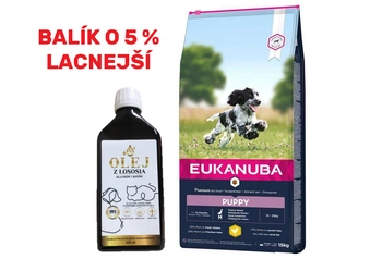 EUKANUBA Puppy&Junior Medium Breed 15kg +  Lososový olej obohatený o vitamíny 250ml -5%