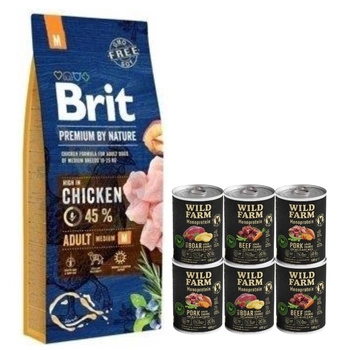 BRIT Premium By Nature Adult M 15kg & WILD FARM Monoproteínová zmes príchutí 6x400g hypoalergénne krmivo pre psov