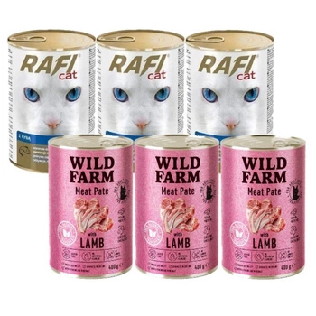 RAFI Kúsky mačky s rybou v omáčke - konzerva 3x415g & WILD FARM Paštéta s jahňacím mäsom 3x400g - bezlepkové krmivo pre mačky