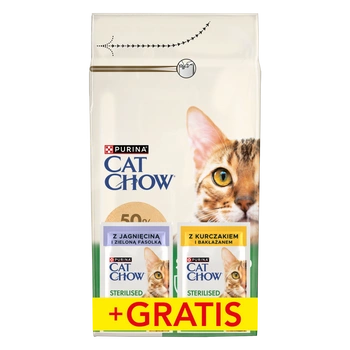 PURINA Cat Chow Sterilizované krmivo s kuracím mäsom 1,5 kg + 2 sáčky ZADARMO