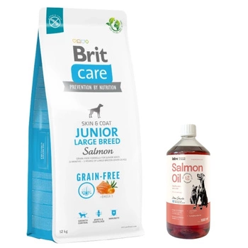 BRIT CARE Dog Grain-free Junior Large Breed Salmon 12kg & LAB V Lososový olej pre psov a mačky 1000ml