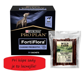 PURINA VD CANINE FORTIFLORA PLV 30 x 1 g + WILD FARM Zubné tuby s králikom 500g Psí maškrta