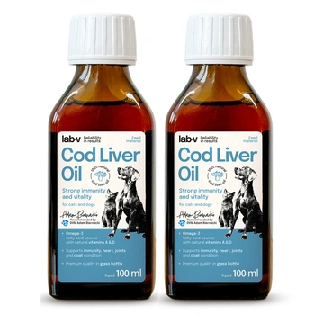 Lab-v olej z tresčej pečene – 100% olej z tresčej pečene pre psy a mačky 2x100 ml