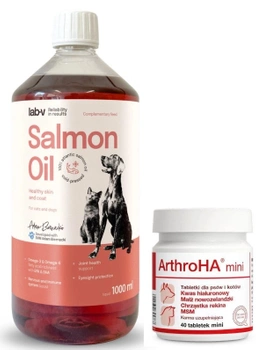 Dolfos ArthroHA Mini 40 tabliet + Lab-V lososový olej 100% pre psov a mačky všetkých vekových kategórií 1000 ml lisovaný za studena