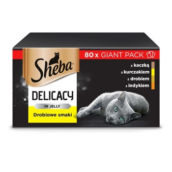 SHEBA sáčky 80x85g Delicacy príchute hydiny - vlhké krmivo pre mačky v želé, s kačacinou, s kuracím mäsom, s hydinou, s morčacím mäsom