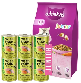 WHISKAS Junior chicken 14kg & WILD FARM Premium Grain Free Morčacie a lososové krmivo pre mačiatka 6x400g - bezobilninové krmivo pre mačiatka