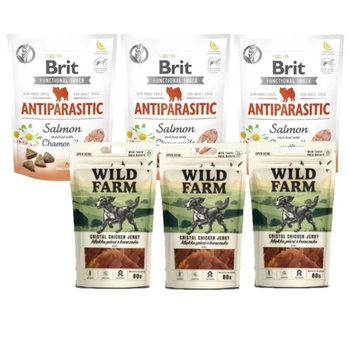 Brit Care Dog Functional Snack Antiparasitic 3x150g & WILD FARM mäkké kuracie prsia 3x80g psia maškrta