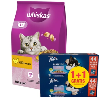Whiskas s kuracím mäsom 14 kg + Felix v želé MÄSOVÁ ZMES vrecko 44x85g 1 + 1 ZADARMO