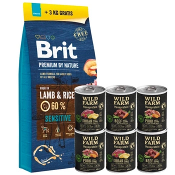 BRIT Premium By Nature Sensitive Lamb 15 kg + 3 kg & Wild Farm Monoprotein Beef 6x400g hypoalergénne krmivo pre psov