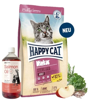 HAPPY CAT Minkas Sterilised Geflügel (drób) 10kg & LAB V Lososový olej pre psov a mačky 1000ml