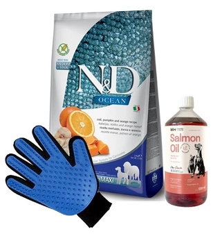 FARMINA N&D Ocean Adult Dog Codfish & Pumpkin & Orange MEDIUM & MAXI 12kg & LAB V Lososový olej pre psov a mačky 1000ml + Rukavica na česanie srsti psov a mačiek ZADARMO!