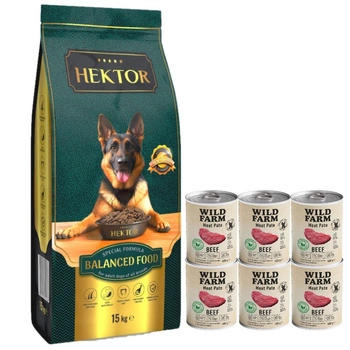HEKTOR BALANCED Adult 15 kg & Wild Farm Pate Hovädzie 6x400g bezlepkové krmivo pre psov