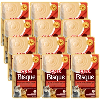 INABA Cat Ciao Bisque - doplnkové krmivo pre mačky s kuracou a hovädzou príchuťou 12x40g