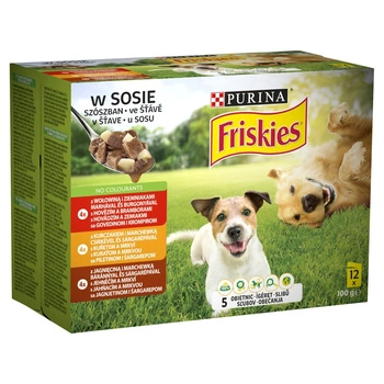 Friskies Adult hovadzie a zemiaky kura a mrkva jahňa a mrkva šťava 12 x 85 g