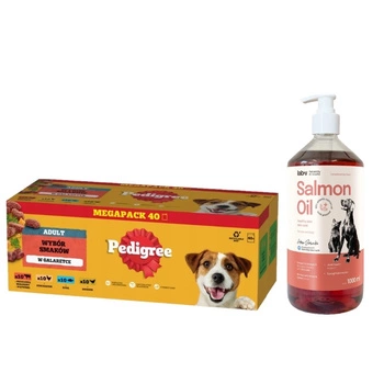 PEDIGREE Adult kapsičky 40x100g Mix príchutí - vlhké krmivo pre psov v želé (s hovädzím, kuracím, jahňacím a hydinovým mäsom) & LAB V Lososový olej 1000ml