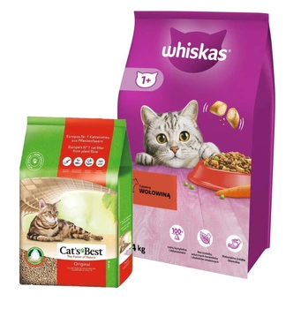 Whiskas Adult s hovädzím mäsom 14 kg & JRS Cats Best Eko Plus - hrudkujúca drevená podstielka 20l / 8,6kg