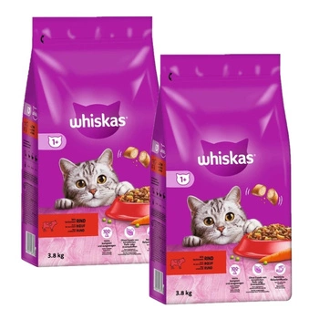 WHISKAS Adult 2x3,8 kg - kompletné suché krmivo pre dospelé mačky s lahodným hovädzím mäsom