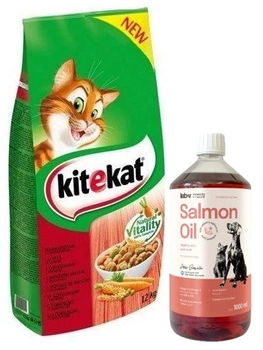 KITEKAT s hovädzím mäsom a zeleninou 12 kg & LAB V Lososový olej pre psov a mačky 1000ml