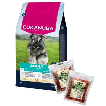 EUKANUBA Adult Small Breed Chicken 15kg & WILD FARM 2x500g maškrty pre psov