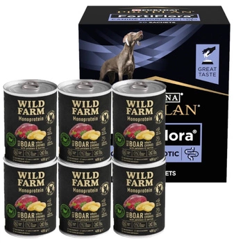 Wild Farm Monoprotein Wild Boar 6x400g hypoalergénne krmivo pre psov & PRO PLAN FortiFlora probiotický doplnok pre psov 30x1g