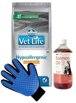 FARMINA Vet Life Dog Hypoallergenic Fish & Potato 12kg & LAB V Lososový olej pre psov a mačky 1000ml + Rukavica na česanie srsti psov a mačiek ZADARMO!