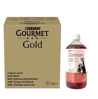 Purina Gourmet Gold Pieces v omáčke 96x85g & LAB V Lososový olej pre psov a mačky 1000ml
