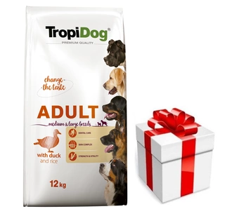 TROPIDOG Premium adult stredné a veľké plemená s kačacinou a ryžou 12kg + Prekvapenie pre vášho psa ZDARMA