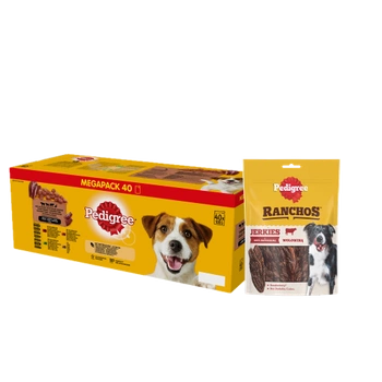 PEDIGREE Adult vrecúško 40x100 g - Zmiešané príchute v omáčke, kompletné vlhké krmivo pre dospelých psov  + PEDIGREE® Ranchos™ Superfoods s hovädzím mäsom, bobuľami a celozrnnými výrobkami 70 g ZDARMA