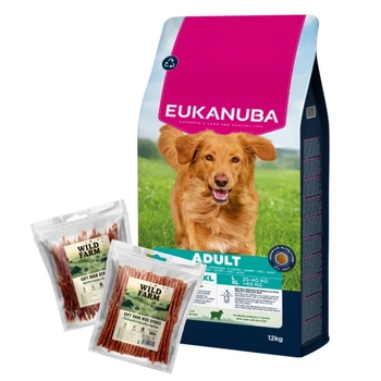 EUKANUBA krmivo pre dospelých veľkých plemien jahňacina s ryžou 12 kg & WILD FARM 2x500g psie maškrty