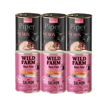 DOLINA NOTECI Piper pre mačky s lososom 3x400g + WILD FARM Pate Salmon 3x400g