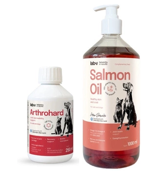 LAB-V Arthrohard 250ml Prípravok na podporu kĺbov pre psov a mačky & LAB V Lososový olej pre psy a mačky 1000ml