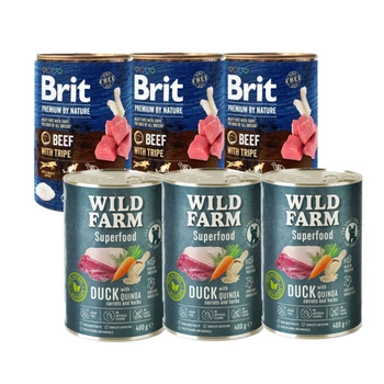 Brit Premium by Nature Hovädzie s dršťkami 3x400g + Kačacie krmivo Wild Farm Superfood 3x400g