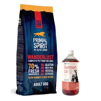 PRIMAL SPIRIT 70% Wanderlust 12kg & LAB V Lososový olej pre psy a mačky 1000ml
