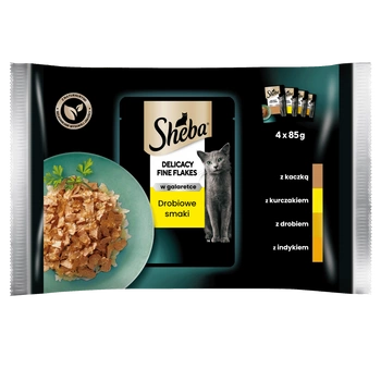 SHEBA Delicacy Fine Flakes Poultry Flavors sáčky 4x85 g – kompletné vlhké krmivo pre dospelé mačky