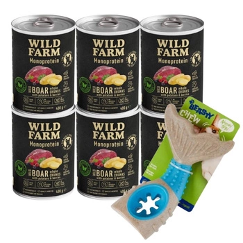 Wild Farm Monoprotein Wild Boar 6x400g hypoalergénne krmivo pre psov & Žuvacia hračka pre psov - kosť 18 cm (náhodný vzor)