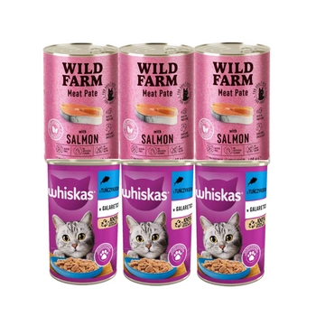 WHISKAS Tuniak pre dospelých 3x400g + WILD FARM Pate Salmon 3x400g