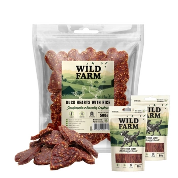 Psí maškrta WILD FARM Kačacie a ryžové srdcia 500g & WILD FARM mäkké kuracie prsia 2x80g psia maškrta
