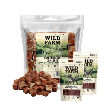WILD FARM jahňacie a treska kocky mäkké 500g psie maškrty & WILD FARM králičie prúžky 2x80g psia maškrta