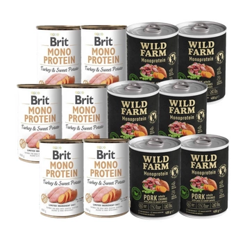 Brit Mono Protein Turkey & Sweet Potato 6x400 g + Wild Farm Monoprotein Pork 6x400g