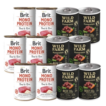 BRIT MONO PROTEIN BEEF & BROWN RICE 6x400g + Wild Farm Monoprotein Beef 6x400g