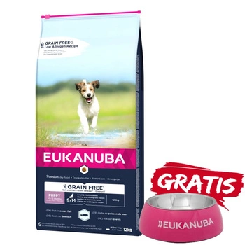 EUKANUBA Puppy&Junior Small/Medium Grain Free 12kg + miska ZADARMO!