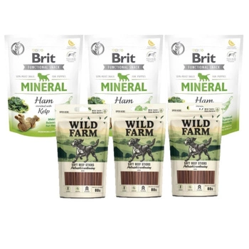 Brit care dog functional snack mineral ham puppy 3x150g & WILD FARM hovädzie tyčinky 3x80g psie maškrty