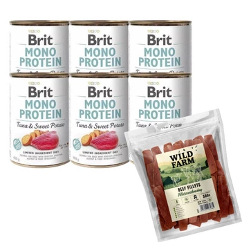 BRIT MONO PROTEIN TUNA & SWEET POTATO 6x400g & Hovädzí filet WILD FARM 500g psia maškrta