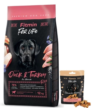 FITMIN dog For Life Duck & Turkey 12 kg + Fitmin For Life Sušienky pre psov a mačky 50 g, mix príchutí