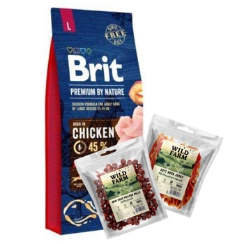 BRIT Premium By Nature Adult L 15kg & WILD FARM 2x500g psie maškrty mix príchutí