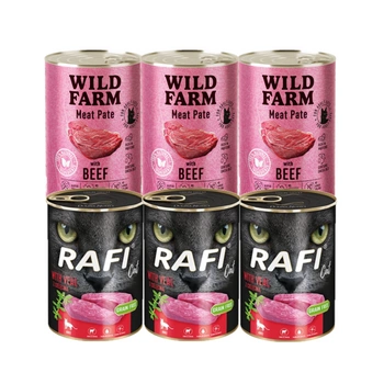 RAFI Cat Adult z cielęciną 3x400g + WILD FARM Pate Beef 3x400g