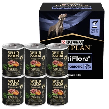 Wild Farm Monoprotein Pork 6x400g hypoalergénne krmivo pre psov & PRO PLAN FortiFlora probiotický doplnok pre psov 30x1g