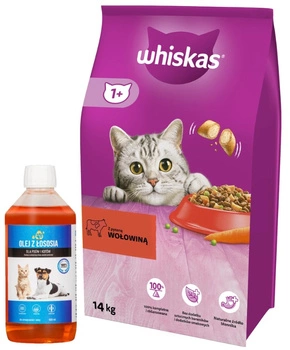 Whiskas Adult s hovädzím mäsom 14 kg + LAB V Lososový olej pre psy a mačky 500ml