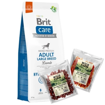 BRIT CARE Dog Hypoallergenic Adult Large Breed Lamb 12kg & WILD FARM Mix príchutí 2x500g